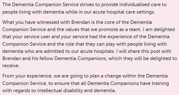 Change made as a result of feedback in Western Health &amp; Social Care Trust, Northern Ireland.