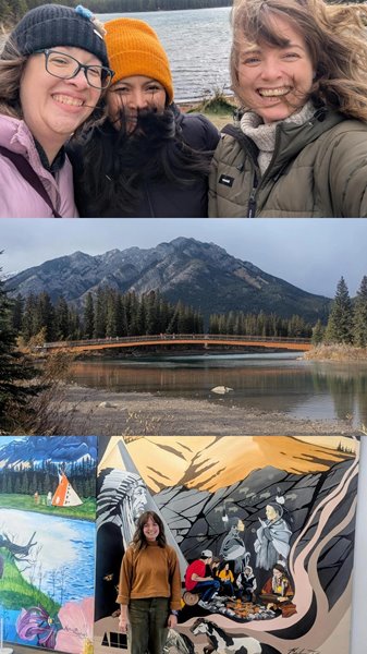 3 images together, one is a selfie of Sarah Elizabeth and Laurie. One is a mountain in Banff. On is Sarah at Calgary library